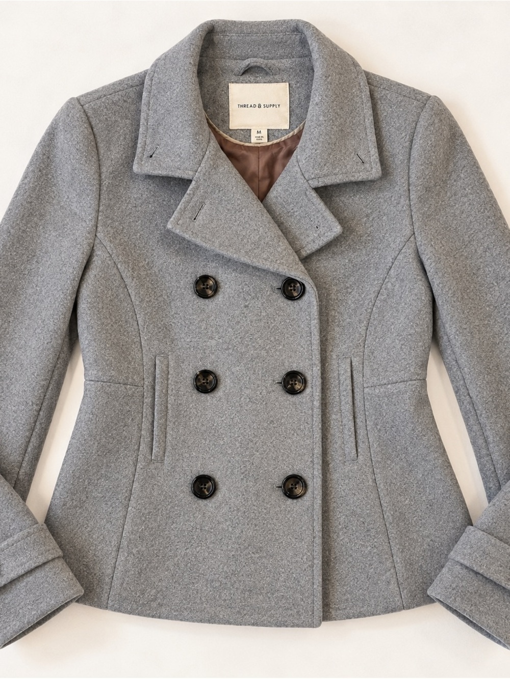 Thread & Supply Women's Gray Double-Breasted Wool Blend Peacoat
